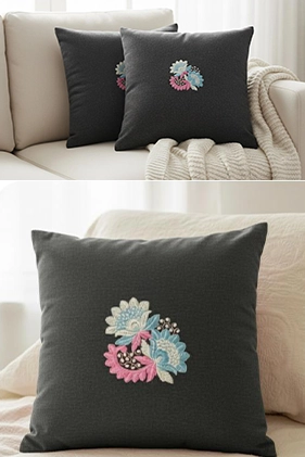 Black Pillow with Blue and Pink Floral Embroidery