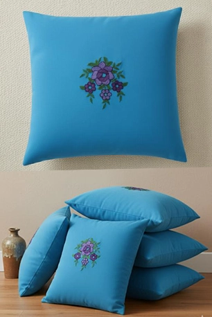 Bright Blue Pillow with Purple Bouquet