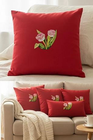 Red Pillow with Pink Tulip Buds